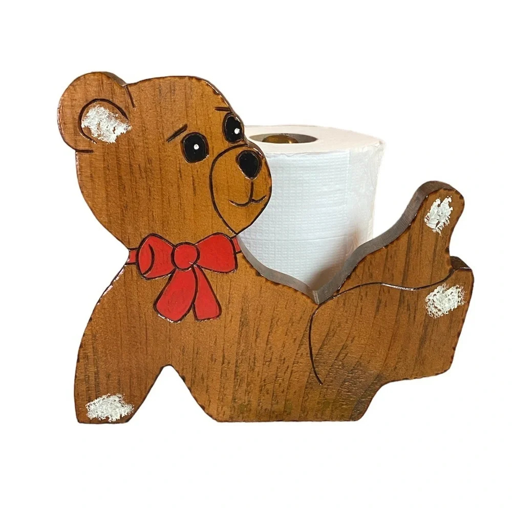 Vintage 1980s Wooden Teddy Bear Toilet Paper Holder